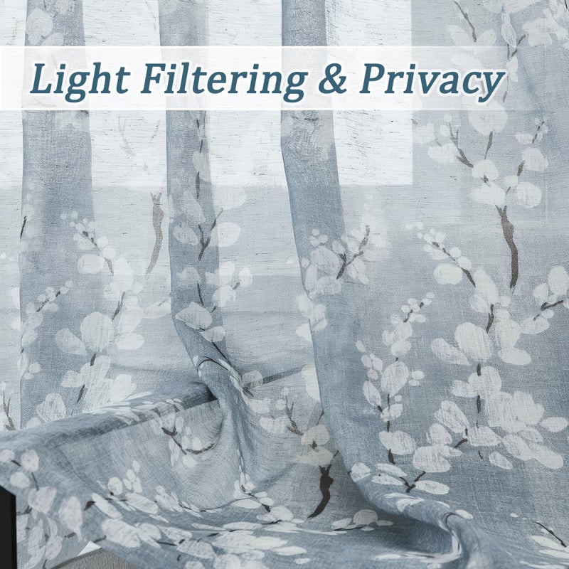 FMFUNCTEX Linen Sheer Curtains for Bedroom, Blue White Blossom Print Curtains 63 Inch Length for Living Room, Floral Patterned Farmhouse Curtain Light Filtering Window Drapes 2 Panels, Rod Pocket - Image 3